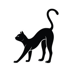 Elegant silhouette of a cat in a full body stretch on a clean white background