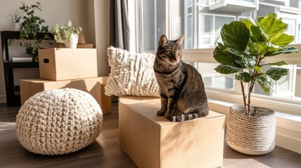 A tabby cat sits on a cardboard box in a sunlit modern living room with plants, cozy decor, and moving boxes near a large window