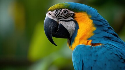 Obraz premium A vibrant blue and yellow macaw parrot perches gracefully, displaying its colorful feathers against a lush green background