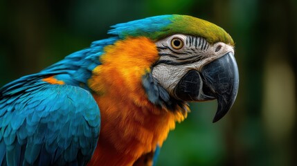 Obraz premium A vibrant blue and yellow macaw perches in a lush, green environment, showcasing its colorful feathers and striking beak