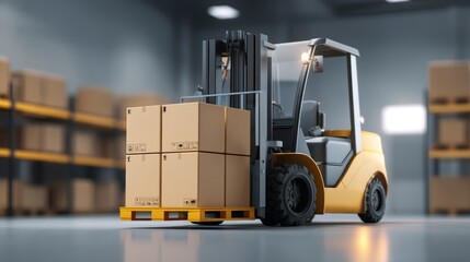 A yellow forklift moves stacked cardboard boxes inside a clean, organized warehouse with shelves in the background