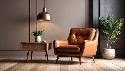 A tan leather armchair sits in a modern room with wood floors, a side table, and plants
