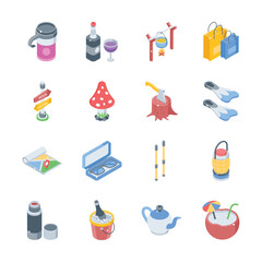 Get this latest collection of travel and outdoor adventure isometric icons