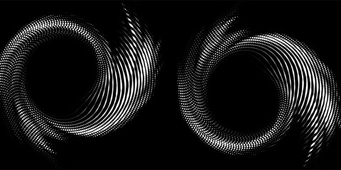 Halftone circular dotted frames set. Circle dots texture isolated on white background. Spotted spray texture. Vector abstract design element spiral circle sound wave vector logo modern black and white