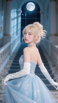 月夜の舞踏会で階段を上るプリンセス
