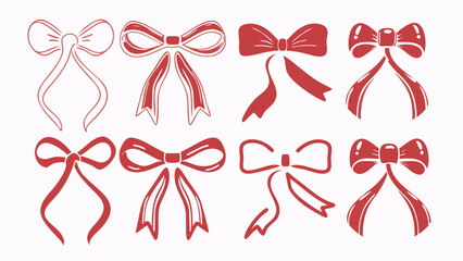 Collection of red ribbon bow illustrations with various shapes and designs arranged neatly on white
