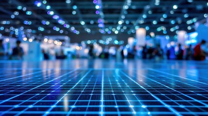 A close-up of a solar panel with a blurred background of people and bright lights at a modern indoor event or exhibition