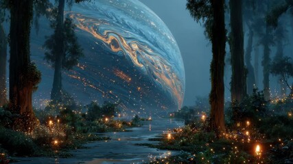 Enchanting Forest Path Magical Planet Night Sky Lights, 4k video footage - Powered by Adobe
