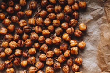 Obraz premium Crispy Chickpeas. Roasted Chickpeas on Parchment: Healthy Food Ingredient with Textured Brown Seeds