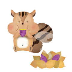 水彩風　秋のリスと焼き芋のイラスト｜かわいい・動物・背景透過PNG