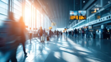 Busy airport terminal with travelers walking, sunlight streaming through large windows, and blurred motion conveying a sense of movement and activity