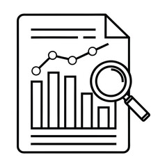Hand drawn illustration of a financial report with a bar graph and line chart accompanied by a magnifying glass for detailed analysis and data examination