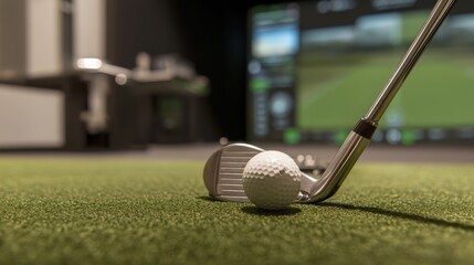 A close-up of a golf club and ball on artificial turf in an indoor golf simulator environment