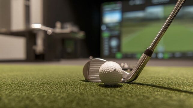A close-up of a golf club and ball on artificial turf in an indoor golf simulator environment