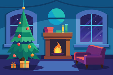 Obraz premium Cozy Living Room with Fireplace and Moon Outside