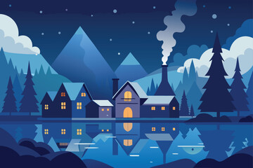 Snowy Village with Smoky Chimneys and Moonlight
