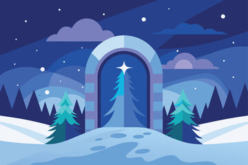 Naklejka premium Glowing Star Portal in Winter Pine Forest