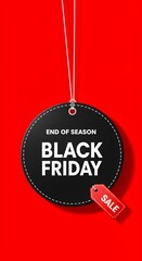 Black friday sale tag circle banner and the rope hanging on red background, A large black circular tag, hanging from white strings, vibrant red background. minimalist graphic design for Black Friday.