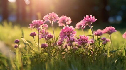Obraz premium Pink and purple wildflowers blossom brightly in a beautiful summer meadow