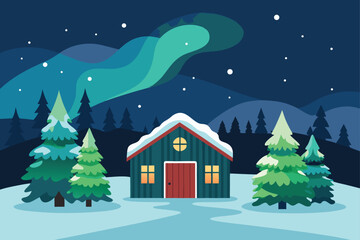Naklejka premium Aurora Borealis Over Red Winter Cabin in Forest