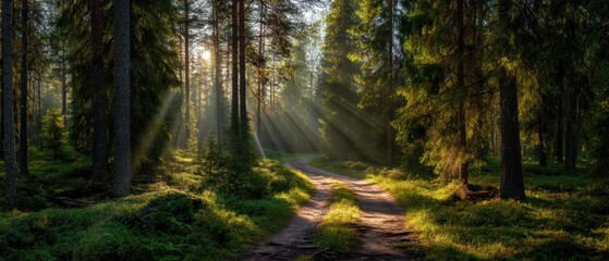 Obraz premium A sunlit forest path winds through tall trees, with rays of light streaming through the canopy, creating a peaceful and magical woodland scene