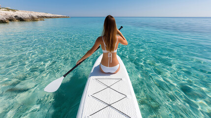 Young caucasian female paddleboarding on clear turquoise sea under sunny blue sky