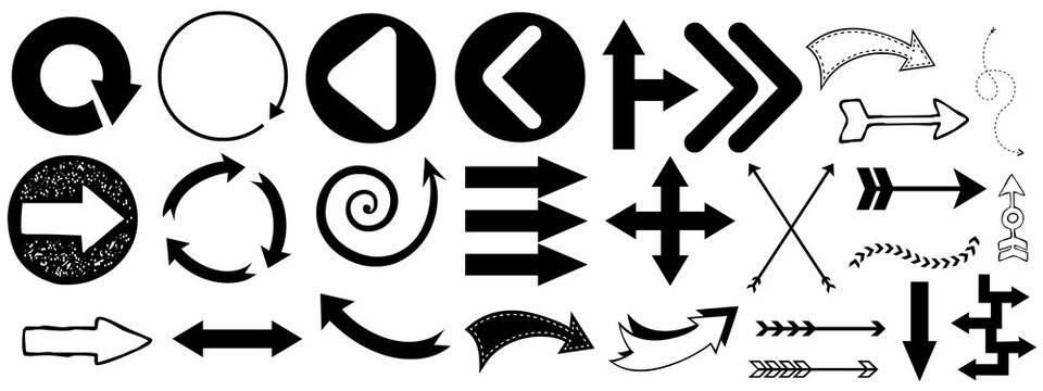 Set de flechas e iconos de direcci&oacute;n en estilo grunge, fondo transparente

