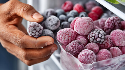 Hand picking frosted berries from freezer: close-up of assorted frozen fruits
