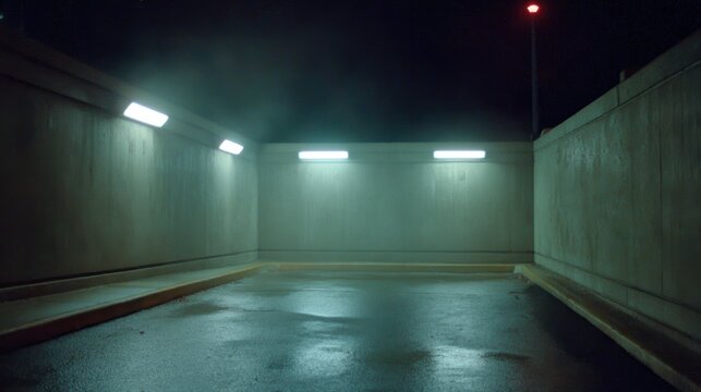 A dimly lit, empty concrete parking area at night with wet ground and glowing fluorescent lights