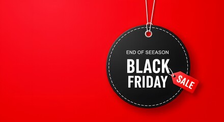 Black Friday sale tag circle banner and the rope hanging on red background, A minimalist graphic design for Black Friday. large black circular tag, hanging from white strings, a vibrant red background