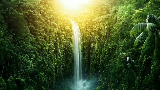 Majestic Waterfall Cascading Through Lush Green Jungle Surrounded by Sunlight and Serenity