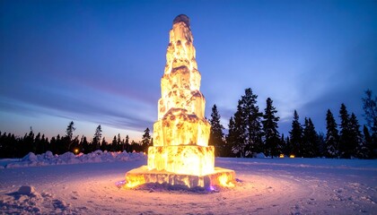 A majestic illuminated ice sculpture tower glowing warmly against the deep blue twilight sky in a pristine snowy landscape.