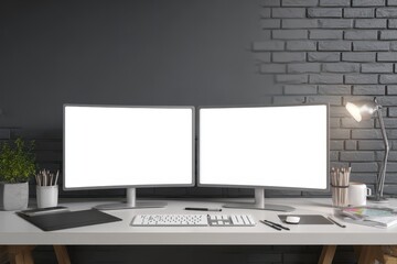 Desk With Two Monitors. A Creative Illustrator Workplace with Digital Art Board and Stylus