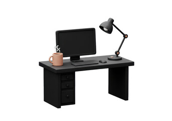 Isolated Modern Black Desk with Computer Lamp and Coffee