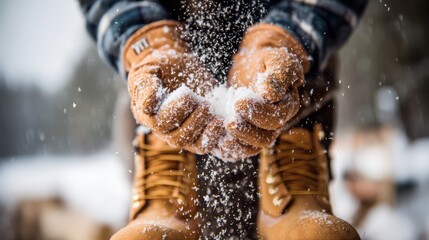 A person wearing gloves and boots holds snow in their hands, with snowflakes falling in a winter outdoor setting