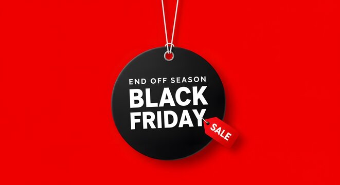 A minimalist graphic design for Black Friday, Black Friday sale tag circle banner and the rope hanging on red background, hanging from white strings, a vibrant red background.large black circular tags