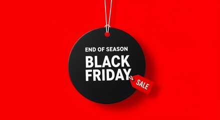 Black friday sale tag circle banner and the rope hanging on red background, hanging from white strings, a vibrant red background. A minimalist graphic design for Black Friday. large black circular tag