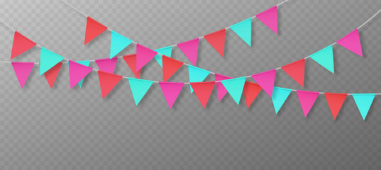 Colorful party garland - triangular bunting flags in pink, blue and red colors on rope. Festive decoration for birthday or event celebration on transparent background. Carnival pennant banner. © klyaksun