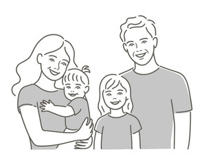 Minimalistic black line icon of a happy four-member family with two adults and two children, representing bonding, love, and protection.