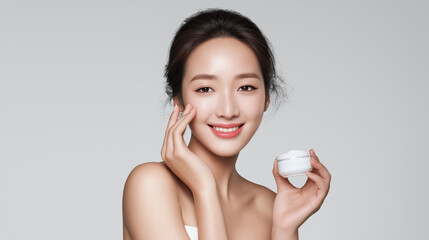 a woman holding cosmetics