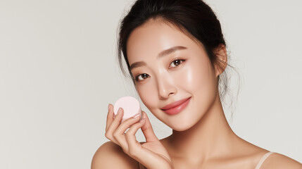 a woman holding cosmetics