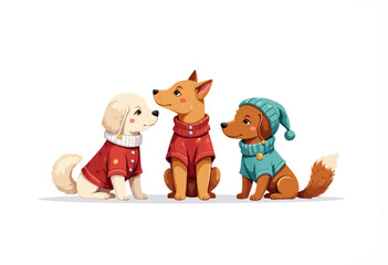 Three adorable dogs dressed in winter sweaters sitting together  