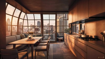 Modern kitchen and dining area with city skyline view at sunset