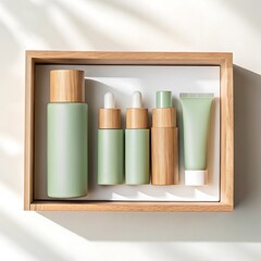 Natural skincare products arranged in a wooden tray with soft sunlight and shadows