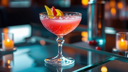 Red-orange cocktail with clear ice and garnish in neon club setting