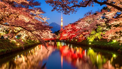 A picturesque night view of blooming cherry blossom trees illuminated along a city canal, with a famous tower in the background.