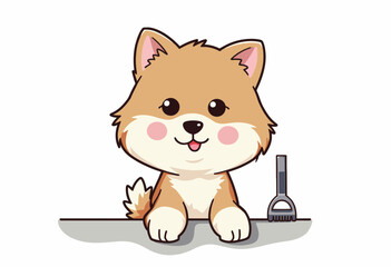 Obraz premium Cute cartoon puppy smiling and sitting with a dog shovel 