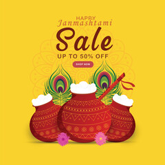 Happy Janmashtami sale banner design with 50% off on yellow background for festival celebration