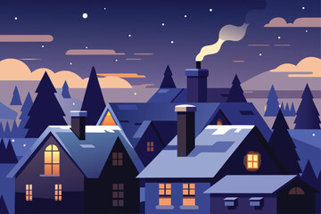 Fototapeta premium Snowy Village and Mountains with Lights – Vector