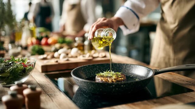 Chef pouring olive oil on steak in pan cooking class, 4k video footage